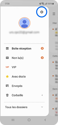 Aperçu du menu de la boîte de réception d'une adresse de messagerie sur l'application E-mail de Samsung