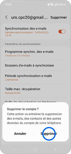 Suppression d'un compte mail de l'application E-mail de Samsung
