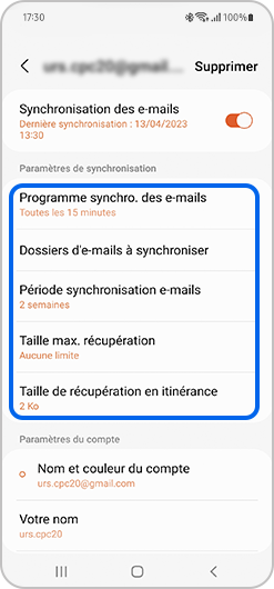 Paramétrage de la synchronisation d’un compte de messagerie sur l’application E-mail de Samsung