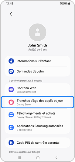 Menu de contrôle parental avec les classifications d'âge des applications et des jeux mises en évidence.