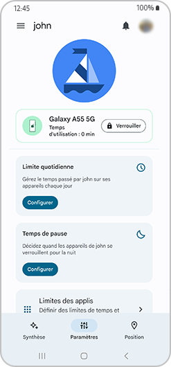 Interface de Family Link avec limite quotidienne, temps d'inactivité, limite d'applications et restrictions de contenu.