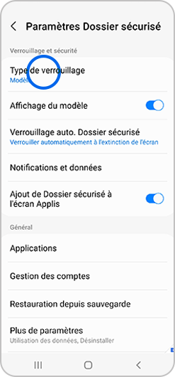 Sélection du menu Type de verrouillage du dossier sécurisé d'un smartphone Samsung