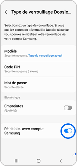 Activation de la réinitialisation avec compte Samsung du dossier sécurisé d'un smartphone Samsung