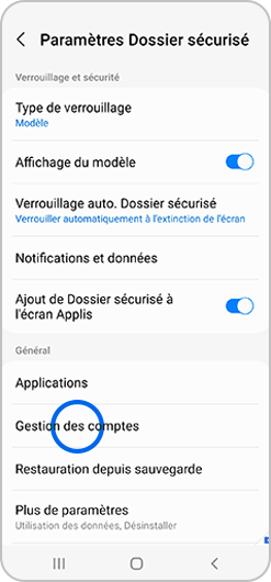 Sélection du menu Gestion des comptes du dossier sécurisé d'un smartphone Samsung