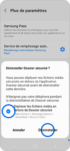 Sélection d’un compte à ajouter dans le dossier sécurisé d'un smartphone Samsung