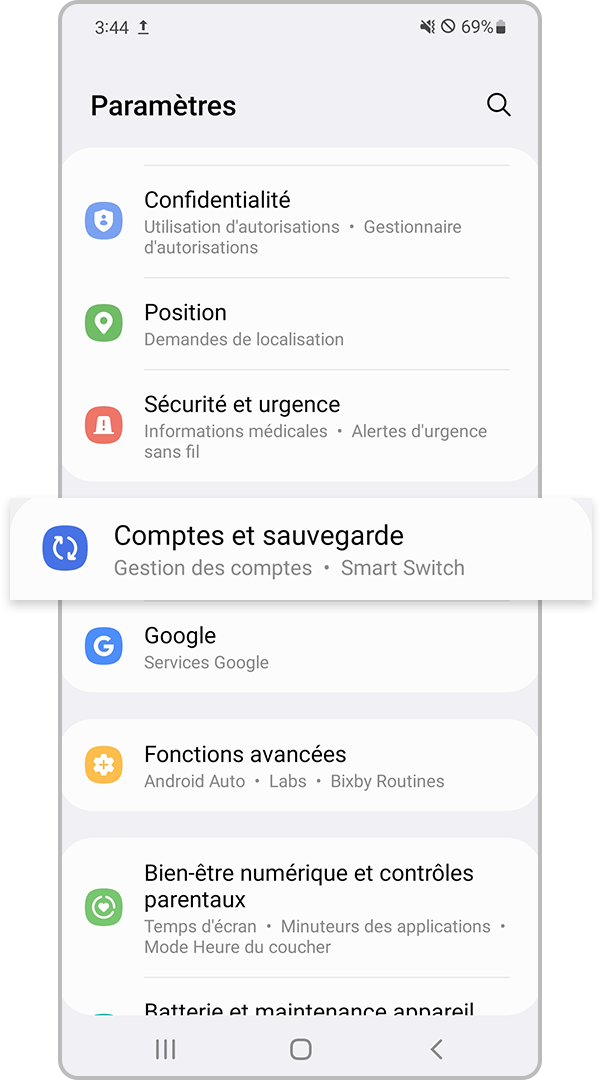 comptes et sauvegarde dans les paramètres