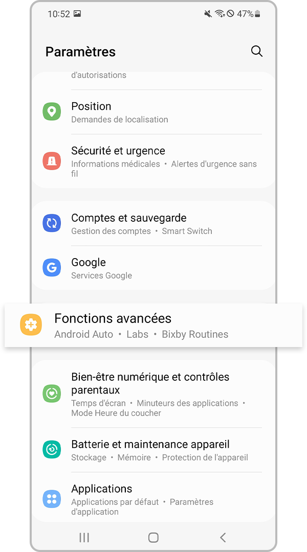 paramètres de fonctionnalités avancées