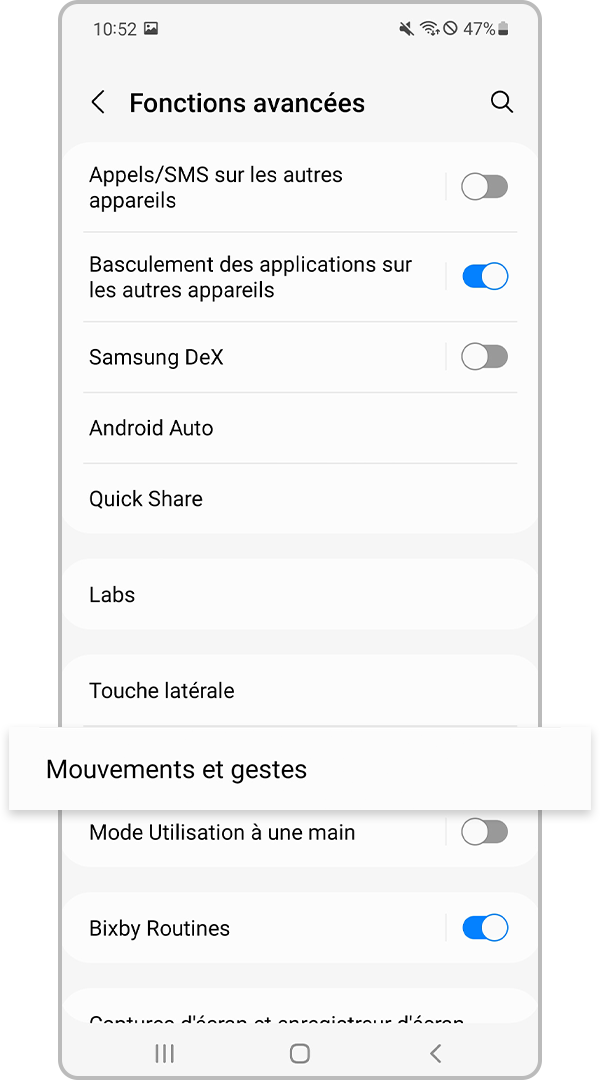 paramètres mouvements et gestes