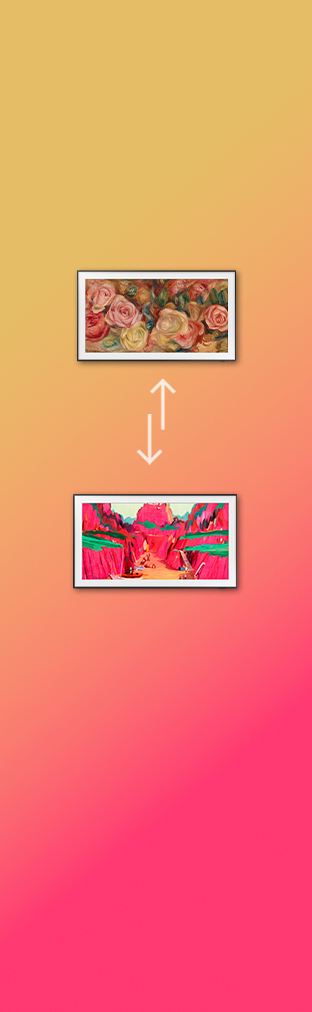 Un téléviseur The Frame de 2024 avec deux flèches pointant chacune dans une direction différente et un téléviseur The Frame Pro de 2025.