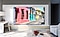 Une Supersize TV de 98 pouces est fixée au mur d'un salon et affiche des bâtiments colorés.