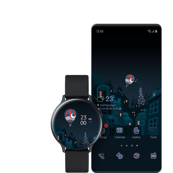 Uma tela GUI mostrando um Galaxy Watch e um telefone Galaxy com temas semelhantes.