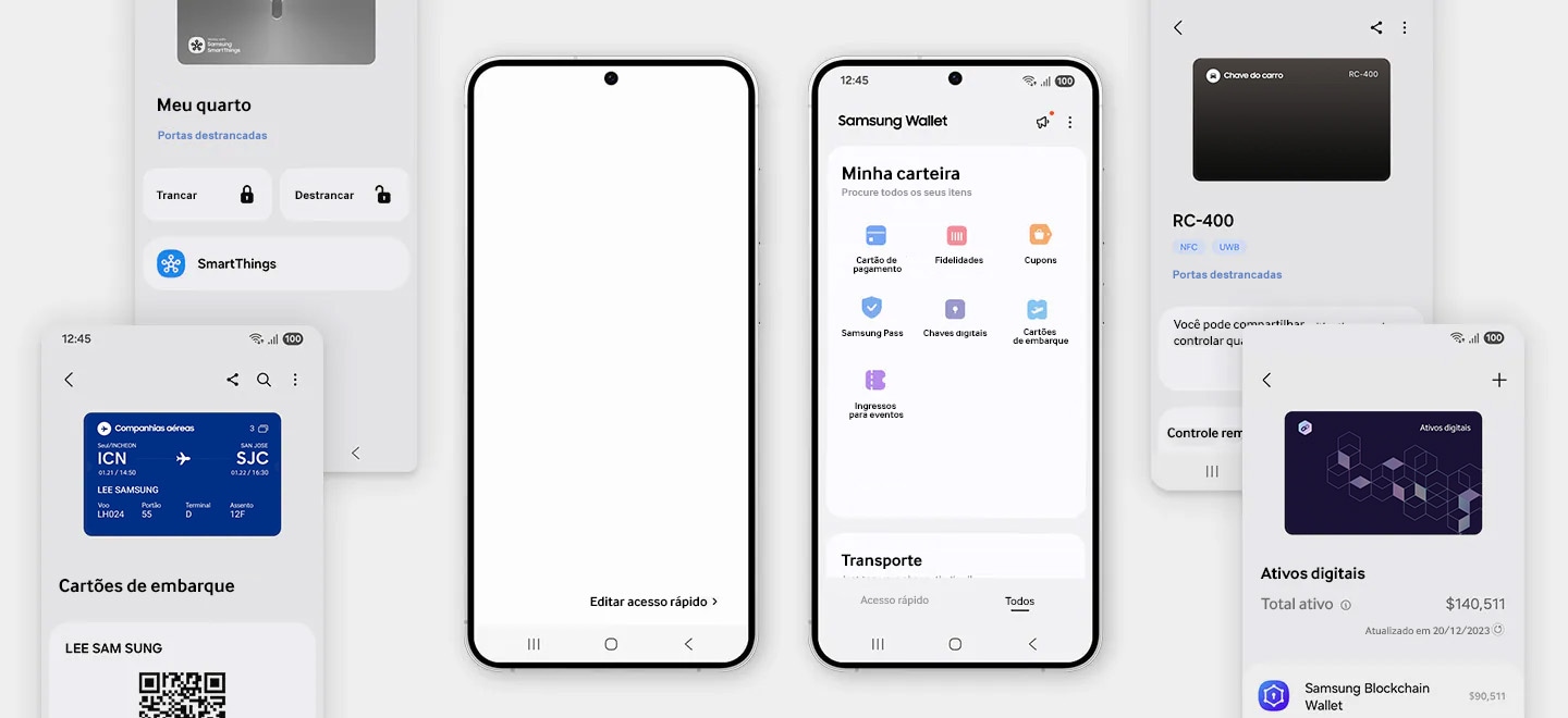 No centro, dois smartphones mostram os vários ativos digitais que podem ser armazenados na Samsung Wallet. Uma tela os exibe como categorias na tela inicial da Samsung Wallet, enquanto a outra tela os mostra empilhados como cartões na visualização de acesso rápido. Os smartphones são cercados por telas GUI de smartphones, cada uma das quais mostra um ativo individual, incluindo uma chave de quarto, uma chave de carro, um cartão de embarque e ativos digitais financeiros.