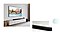 Close-up de um Soundbar B-Series. O Soundbar B-Series está posicionado sobre um rack sob uma TV.