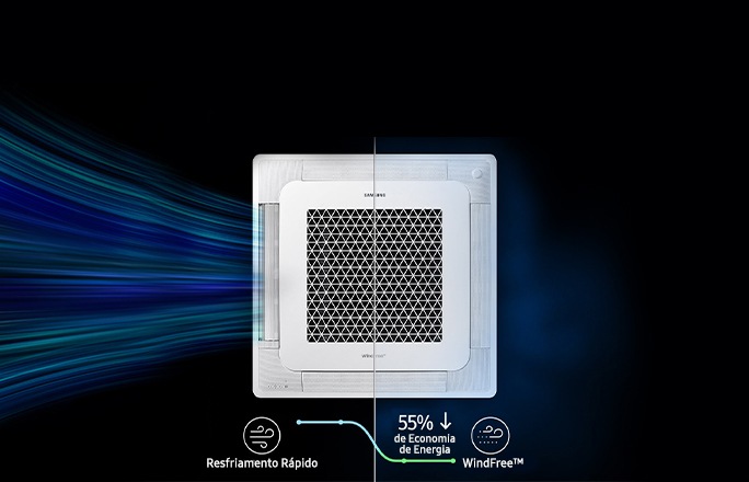 Uma tela dividida de um ar-condicionado cassete Samsung apresenta dois modos: resfriamento rápido à esquerda e modo WindFree à direita, que proporciona 55% de economia de energia.
