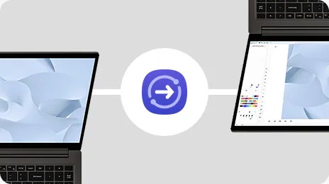 Dois dispositivos Galaxy Book3 360 grafite são exibidos. O da esquerda está aberto, voltado para frente com um papel de parede cinza na tela. O da direita está aberto, voltado para trás com uma imagem cinza aberta na tela do aplicativo Samsung Notes. O ícone do Quick Share está no centro.