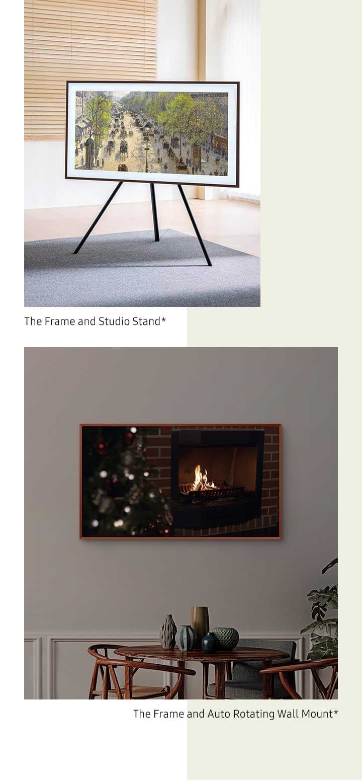A The Frame, que está no Suporte para Rotação, gira da vertical para horizontal. A The Frame está no Studio Stand.