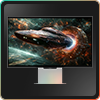 O contorno do monitor Odyssey 3D em cores neon. A tela mostra uma nave espacial saindo da tela.