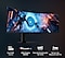 O monitor Odyssey G9 mostra dois astronautas voando em direção ao portal azul neon com ícones de Curved Dual QHD, VESA DisplayHDR600, taxa de atualização de 144 Hz, tempo de resposta (GtG) de 1 ms.