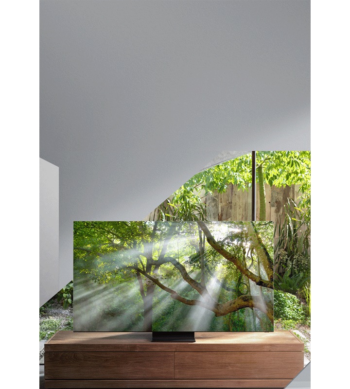 Uma imagem futurista, trazendo a ideia de borda infinita em que a TV se camufla no jardim e uma casa