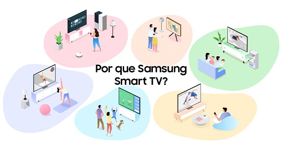 Samsung TVs são exibidas em diferentes tipos de salas de estar, com usuários aproveitando suas telas assistindo a esportes, jogando videogame, exibindo arte e usando o Samsung Tizen OS.