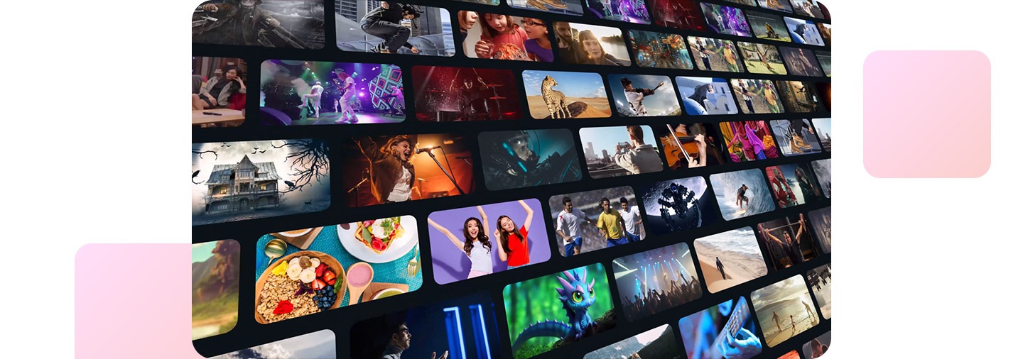 Uma variedade de painéis com diferentes opções de streaming está em exibição. A imagem subitamente se aproxima dos painéis para chegar às palavras “Endless Free Content” (Conteúdo Gratuito Infinito). As palavras “Samsung Tizen OS” aparecem em um formato estilizado colorido, seguidas por várias cenas de vídeo piscando na palavra Tizen. Então, as palavras “Conteúdo Gratuito Infinito” aparecem mais uma vez. Por fim, as palavras “Deixe seu entretenimento mais grandioso” aparecem na tela junto com várias telas com cenas de diferentes programas e filmes, acompanhadas por palavras como drama, música e filme.