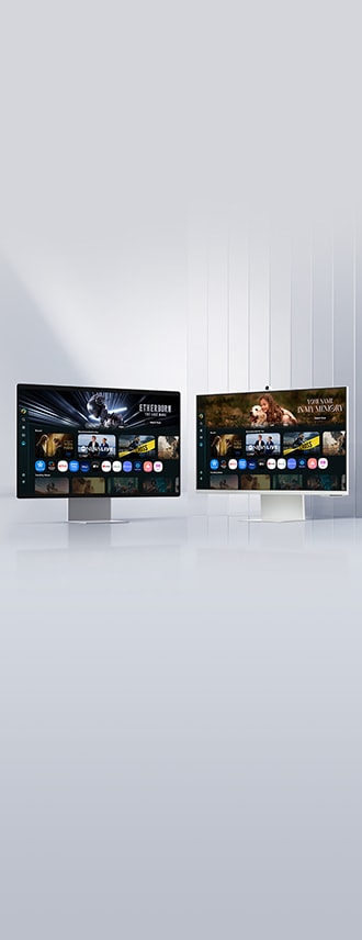 Dois monitores inteligentes estão posicionados lado a lado. Os monitores exibem a página de aplicativos da Smart TV, com diversos conteúdos e aplicativos alinhados.