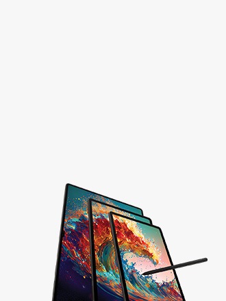 Three Galaxy Tab S9s are shown with a wave pattern on the front. An S Pen floats in the front middle.