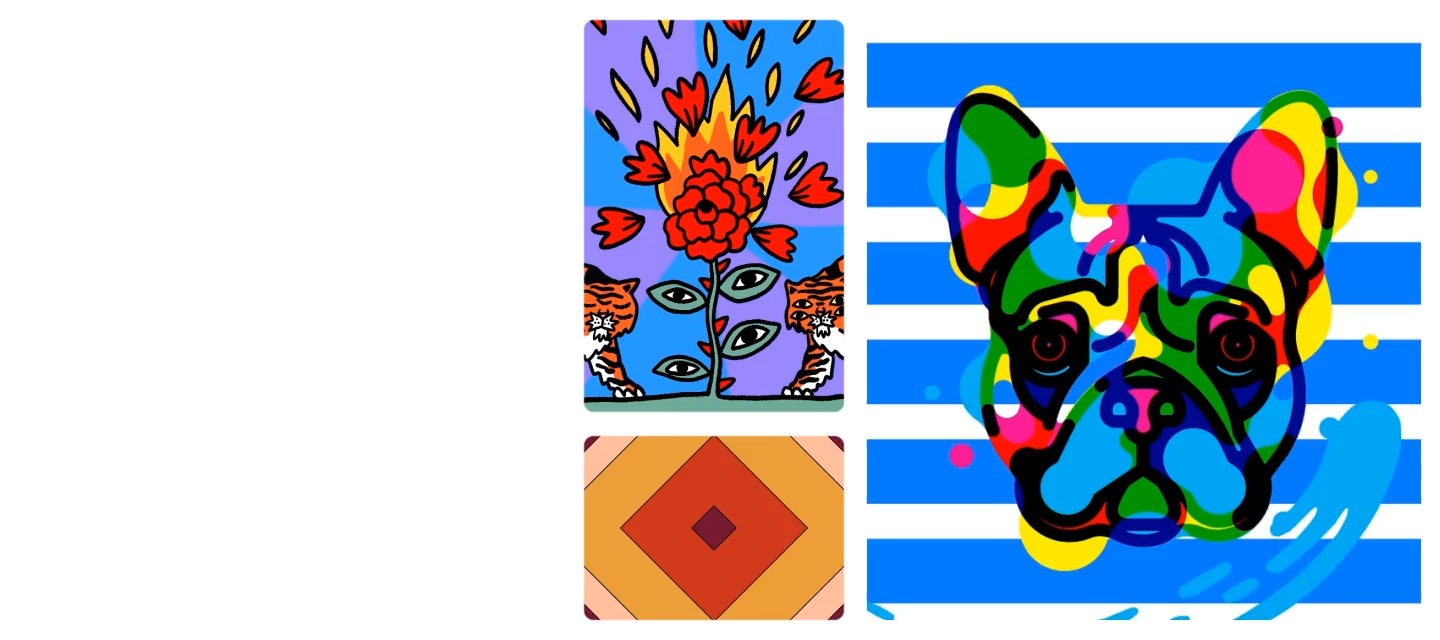 First, two four-eyed tigers stand alongside a seemingly flaming flower. Next, smiley faces encircle the word 'Love.' Concluding with a vibrant bulldog painting, the background transitions from red to blue.