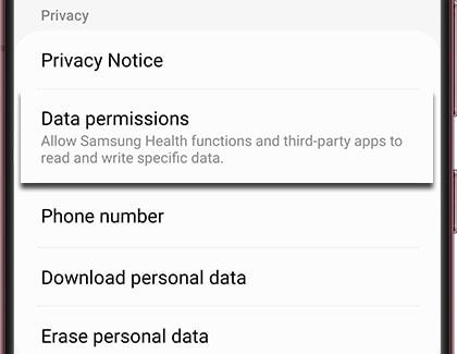 Data permissions highlighted in the Samsung Health app