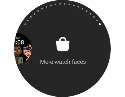 Touch and hold the watch face to enter Edit mode. Swipe left to and tap More watch faces to open the Play Store.