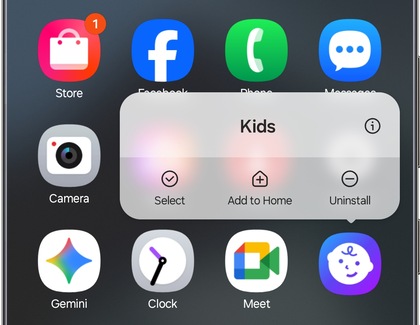 App shortcut menu on a Samsung Galaxy phone showing the Uninstall option for Samsung Kids.