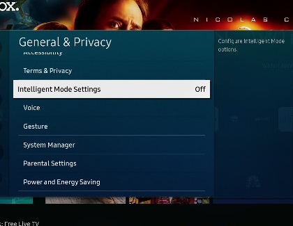 Intelligent Mode Settings highlighted on a Samsung TV