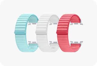 A total of three Fabric Band for Galaxy Watch8 Series are displayed. From right to left, the bands with red, white and mint are visible.