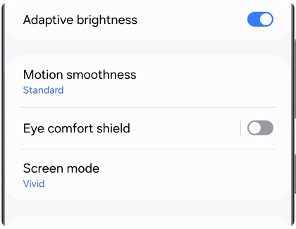 Display settings menu on a Samsung Galaxy showing options for Adaptive Brightness, Motion Smoothness, Eye Comfort Shield, and Screen Mode.