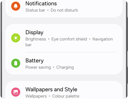 Settings menu on a Samsung Galaxy phone showing the Display option.