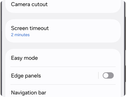 Display menu on a Samsung Galaxy phone showing the Screen timeout option.