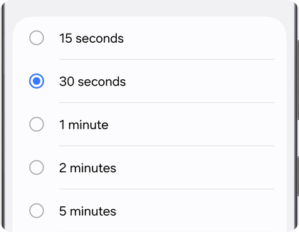 Screen timeout duration options with 30 seconds selected on a Samsung Galaxy phone.