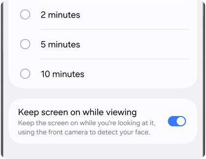 Keep screen on while viewing setting enabled below screen timeout options on a Samsung Galaxy phone.
