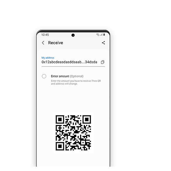 A simulation of the Samsung Blockchain Wallet app graphical user interface which shows the manual address entry and QR code "receive" options step of the cryptocurrency transfer process.