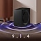 There is a closeup of a subwoofer next to a TV console. There are sound waves coming from the bottom. Three numbers are on the bottom: 9, 1, and 4.