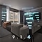 In a cozy, dimly lit livingroom, there are two rear speakers and a wall-mounted TV-soundbar pair. Three numbers are on the bottom: 9, 1, and 4. 4 is highlighted. The 4 up-firing channels in the setup are highlighted - 1 in each rear speaker and 2 in the main soundbar.