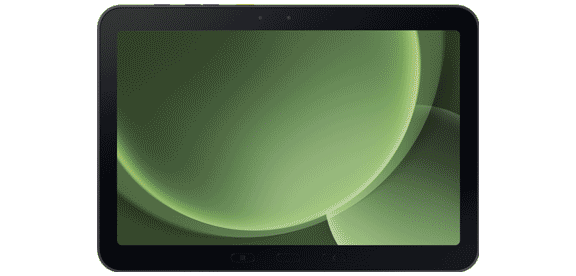 A Galaxy Tab Active3 tablet stands upright with the screen facing the camera in a half-built concrete room.