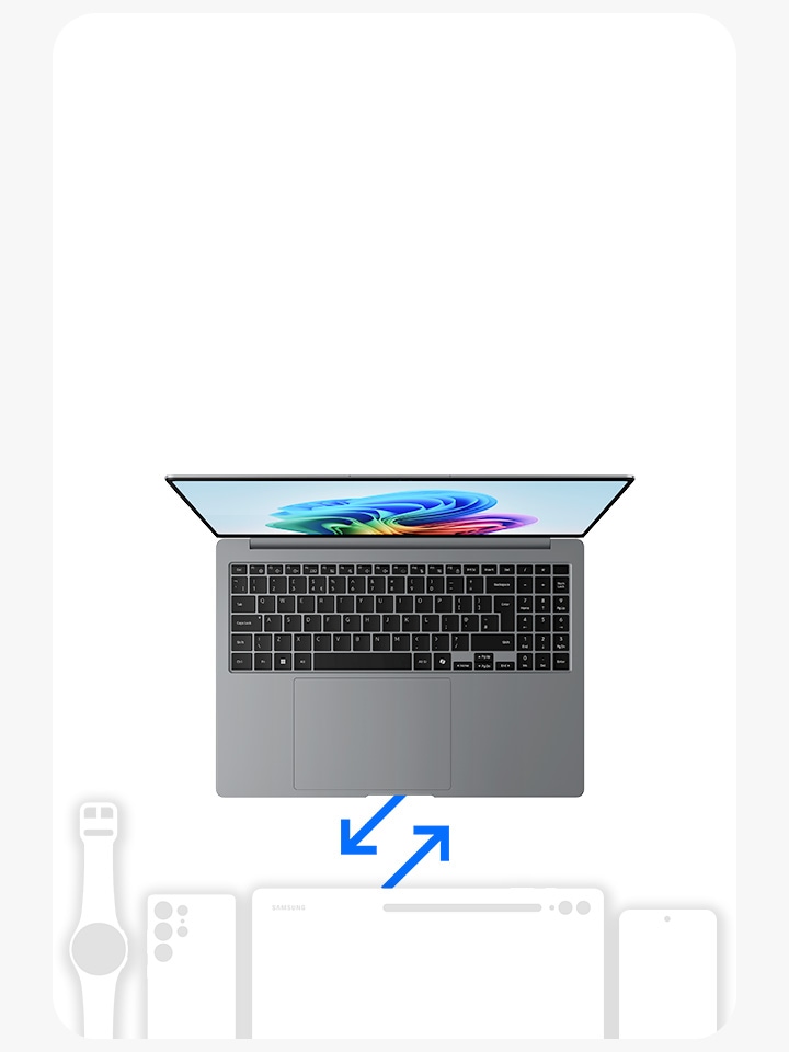 A Galaxy watch, Galaxy smartphone, and tablet are aligned below a brand-new laptop. Between the two sets are arrows pointing both directions, indicating the exchanging of the sets of devices.
