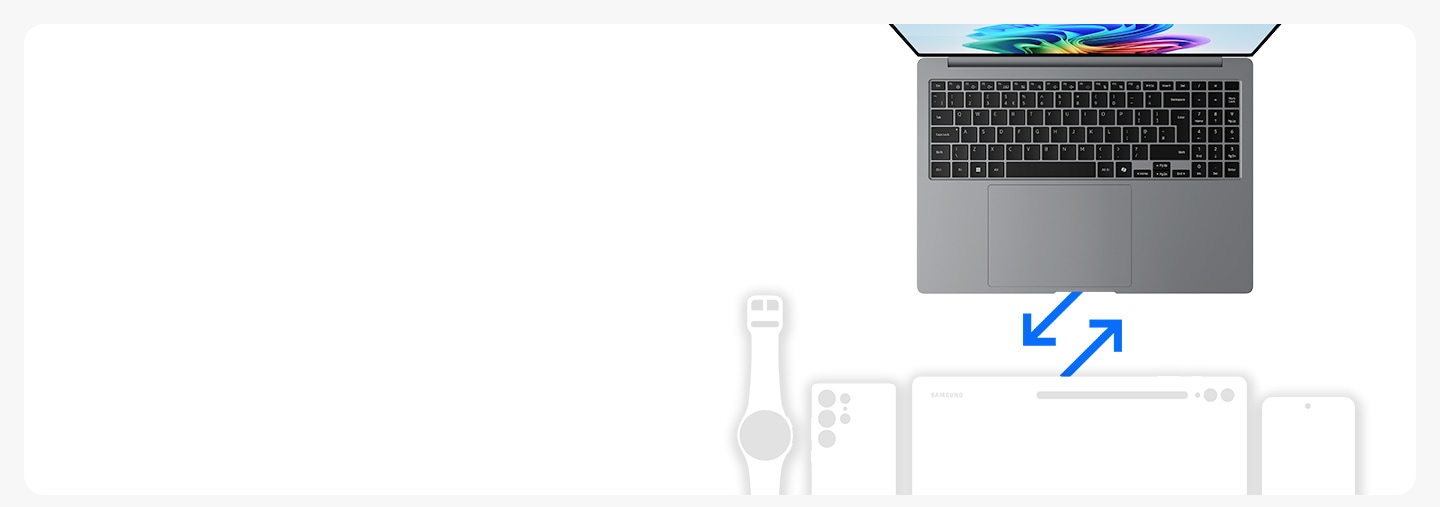 A Galaxy watch, Galaxy smartphone, and tablet are aligned below a brand-new laptop. Between the two sets are arrows pointing both directions, indicating the exchanging of the sets of devices.