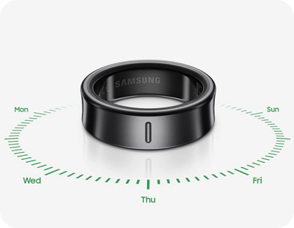Samsung Galaxy Ring displayed with a circular indicator showing battery life from Monday to Sunday.