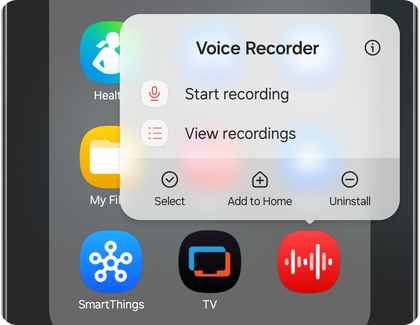 App shortcut menu on a Samsung Galaxy phone showing the Uninstall option for Voice Recorder.
