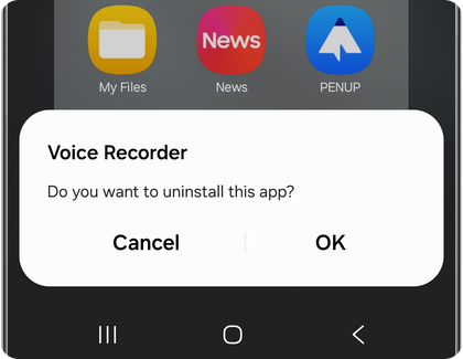 Uninstall confirmation popup on a Samsung Galaxy phone asking to remove the Voice Recorder app.
