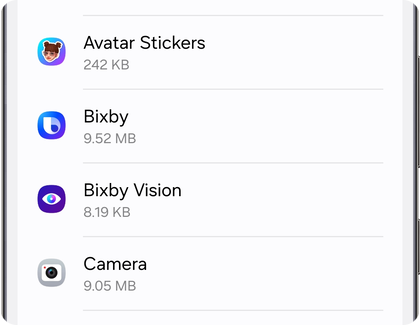 App list on a Samsung Galaxy phone showing apps like Bixby and Camera.