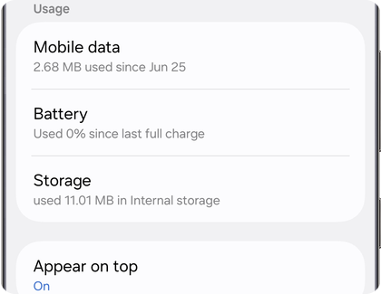 App info screen on a Samsung Galaxy phone with the Storage option visible.