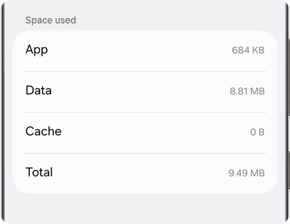 Storage breakdown for an app on a Samsung Galaxy phone showing 0 B for Cache.